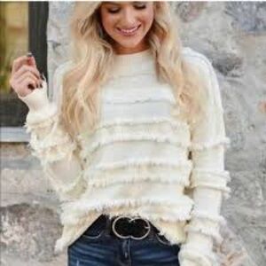 Andthewhy Cream Layered Raw Hem Sweater or a Fringe Sweater in M\L #1863